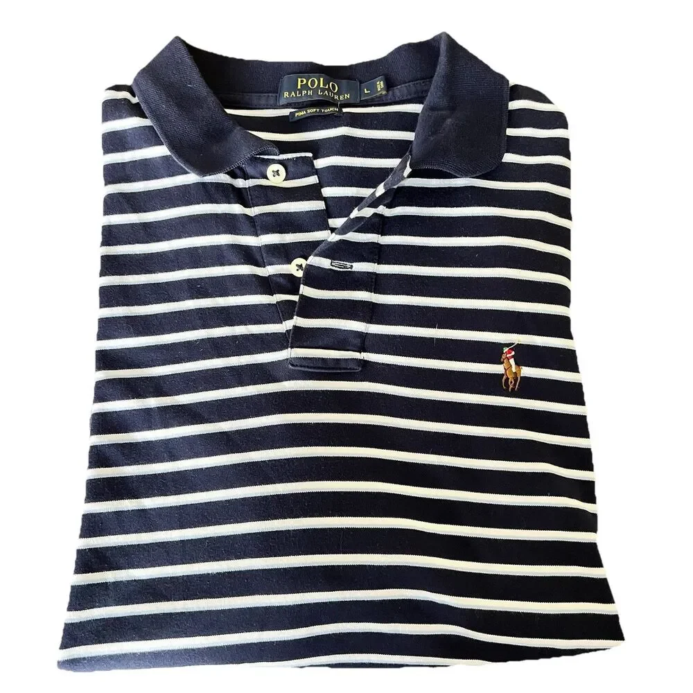 Polo‎ Ralph Lauren Shirt Mens L Pima Soft Touch Blue Striped Short Sleeve